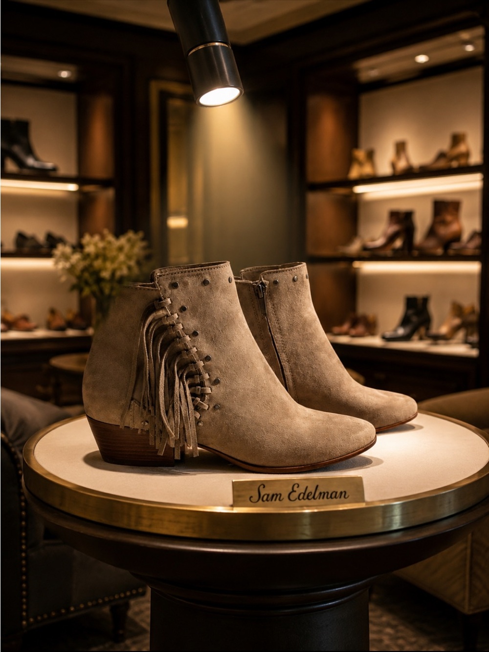 Sam Edelman Taupe Suede Leather Rivet Fringe Bootie Boot NWOB